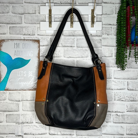 Clarks Tri Colored Vegan Faux Leather Large Shoulder Bag Purse Tote Black Brown - Picture 5 of 8